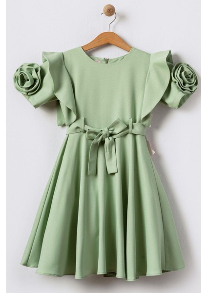 Kloş Etekli Gül Detaylı Kısa Kollu Kız Çocuk Elbisesi - Yeşil