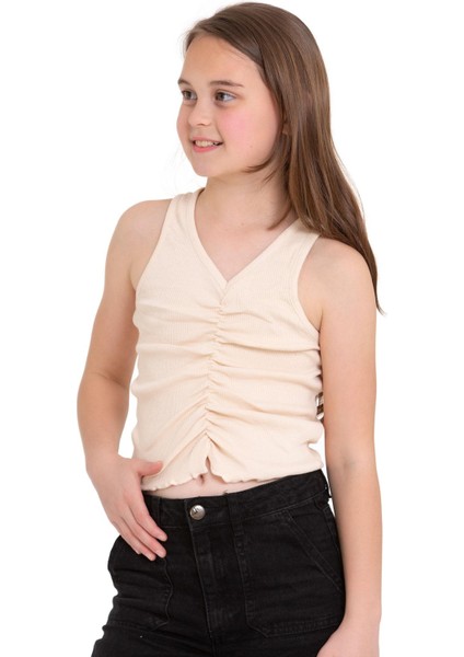 Sıfır Kol V Yaka Büzgülü Ekru Renk Kız Çocuk Tshirt