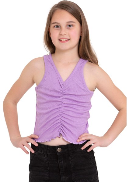 Sıfır Kol V Yaka Büzgülü Lila Renk Kız Çocuk Tshirt