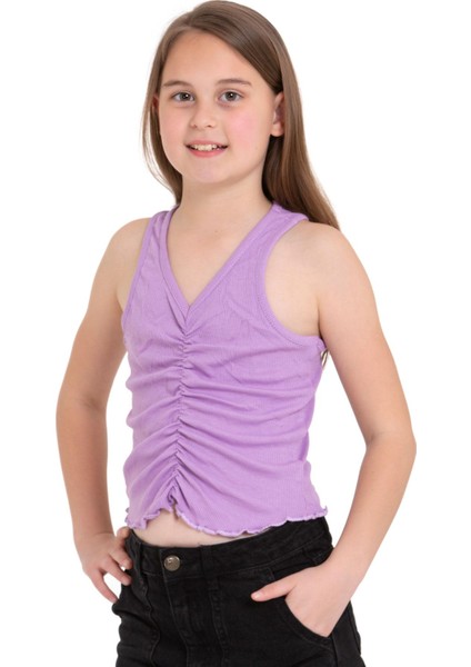 Sıfır Kol V Yaka Büzgülü Lila Renk Kız Çocuk Tshirt fiyatları