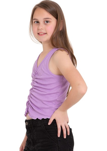 Sıfır Kol V Yaka Büzgülü Lila Renk Kız Çocuk Tshirt fırsatları