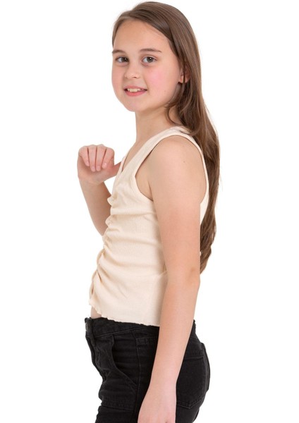 Sıfır Kol V Yaka Büzgülü Ekru Renk Kız Çocuk Tshirt fiyatları