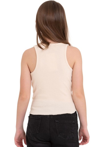 Sıfır Kol V Yaka Büzgülü Ekru Renk Kız Çocuk Tshirt modelleri