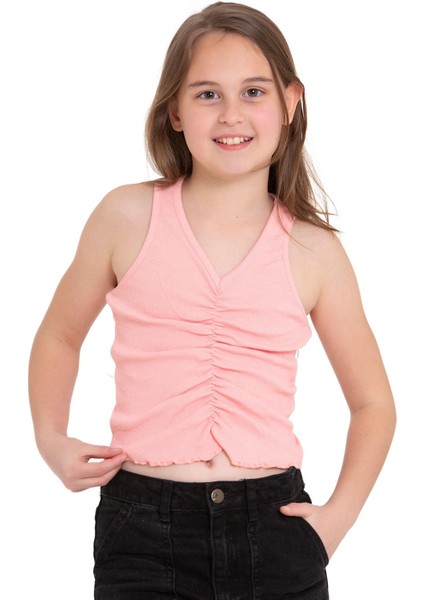 Sıfır Kol V Yaka Büzgülü Somon Renk Kız Çocuk Tshirt