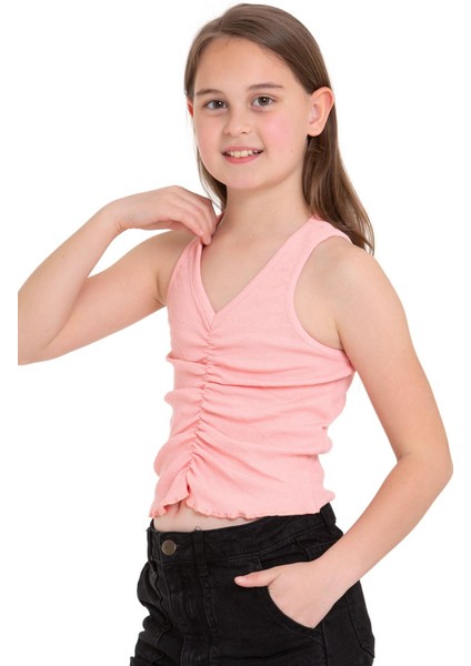 Sıfır Kol V Yaka Büzgülü Somon Renk Kız Çocuk Tshirt fiyatları