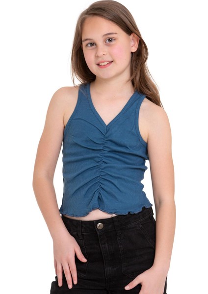 Sıfır Kol V Yaka Büzgülü Indigo Renk Kız Çocuk Tshirt