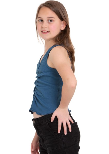 Sıfır Kol V Yaka Büzgülü Indigo Renk Kız Çocuk Tshirt fiyatları