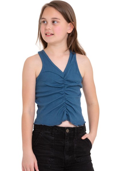 Sıfır Kol V Yaka Büzgülü Indigo Renk Kız Çocuk Tshirt fırsatları