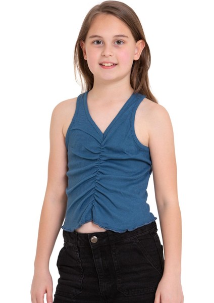 Sıfır Kol V Yaka Büzgülü Indigo Renk Kız Çocuk Tshirt indirimleri