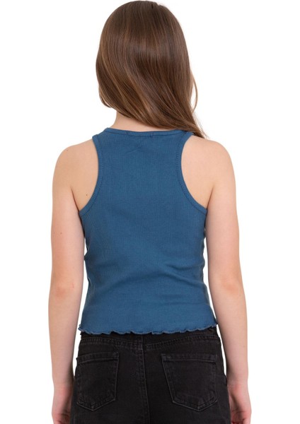 Sıfır Kol V Yaka Büzgülü Indigo Renk Kız Çocuk Tshirt modelleri