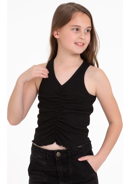 Sıfır Kol V Yaka Büzgülü Siyah Renk Kız Çocuk Tshirt