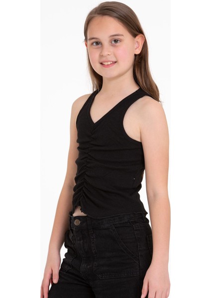 Sıfır Kol V Yaka Büzgülü Siyah Renk Kız Çocuk Tshirt fiyatları