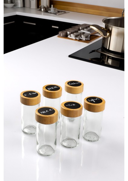 6'lı Yuvarlak Cam Yazılabilir Etiketli Kalem Hediyeli Baharatlık