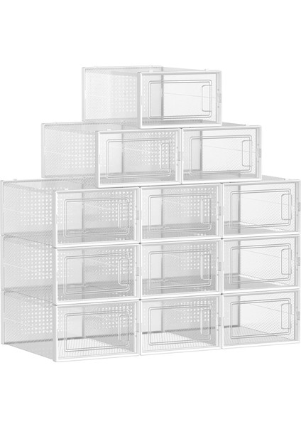 Ayakkabı Kutusu, 12'li Set, Plastik Ayakkabı Düzenleyici, Katlanabilir ve Istiflenebilir, 44 Numaraya Kadar Ayakkabılar Için, Şeffaf Beyaz LSP12SWT