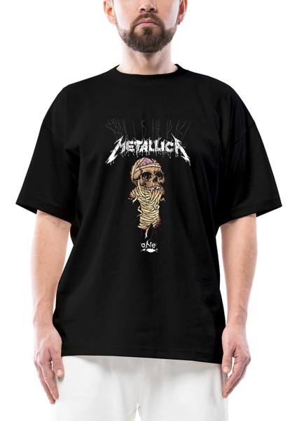 Metallica One Oversize Siyah Tişört Erkek Trend Pamuklu Uzun Kol Bisiklet Yaka