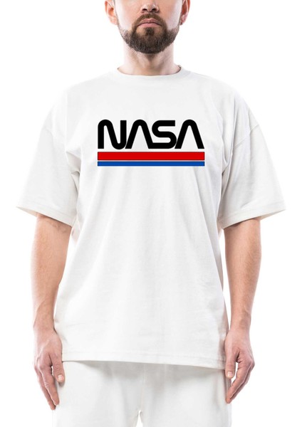 Nasa Red Blue Oversize Beyaz Tişört