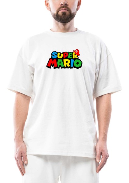 Super Mario Logo Oversize Beyaz Tişört
