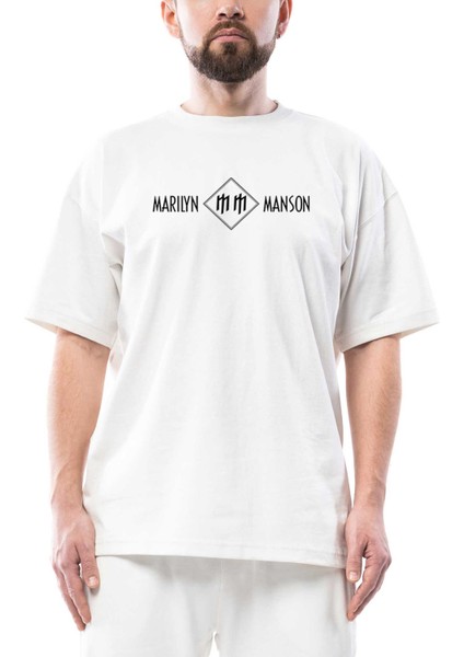 Marilyn Manson Logo And Text Oversize Beyaz Tişört