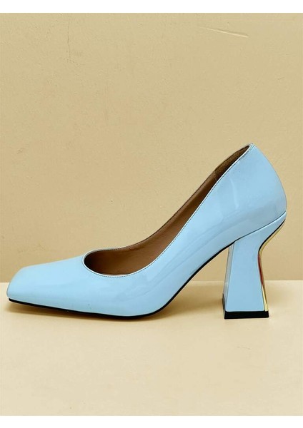 401 Bebe Mavi Rugan Arka Aynalı Gold Detaylı Klasik Kalın Topuklu Kadın Ayakkabı fırsatları