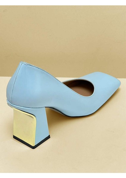 401 Bebe Mavi Rugan Arka Aynalı Gold Detaylı Klasik Kalın Topuklu Kadın Ayakkabı indirimleri