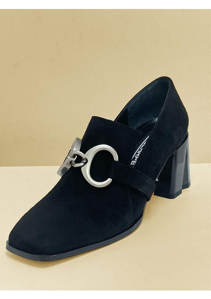 767 Siyah Gümüş Süet Tokalı Kalın Topuklu Kadın Ayakkabı