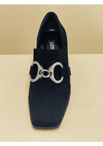 767 Siyah Gümüş Süet Tokalı Kalın Topuklu Kadın Ayakkabı fiyatları