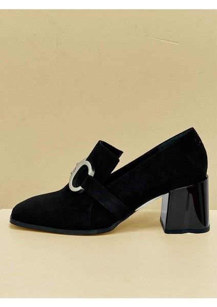 767 Siyah Gümüş Süet Tokalı Kalın Topuklu Kadın Ayakkabı fırsatları