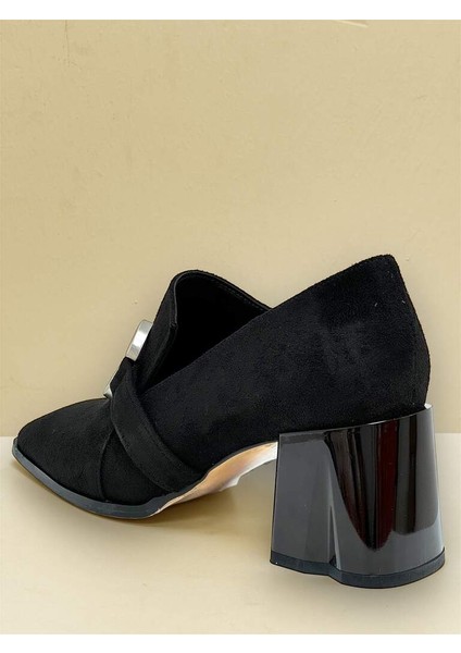 767 Siyah Gümüş Süet Tokalı Kalın Topuklu Kadın Ayakkabı indirimleri