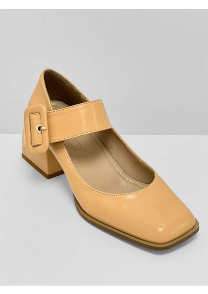 343 Nude Kırışık Cilt Küt Burunlu Mary Jane Orta Topuklu Kadın Ayakkabı