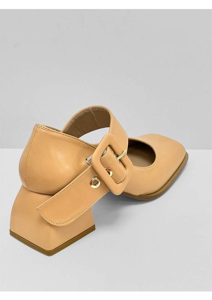 343 Nude Kırışık Cilt Küt Burunlu Mary Jane Orta Topuklu Kadın Ayakkabı indirimleri