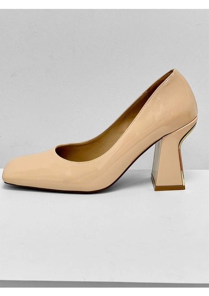 401 Bej Rugan Arka Aynalı Gold Detaylı Klasik Kalın Topuklu Kadın Ayakkabı fırsatları