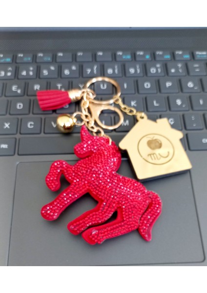 Kırmızı Taşlı Unicorn Anahtarlık ve Çanta Charmı Şans, ve Enerji Sayı Sekanslı Ev Anahtarlık