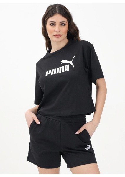 Kadın Ess No.1 Logo Cropped Kısa Kollu Siyah T-Shirt - 68497201