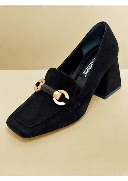 0401 Siyah Gold Önü Tokalı Topuklu Kadın Ayakkabı