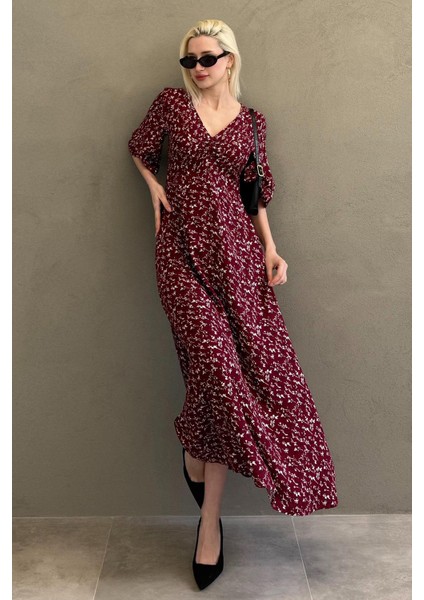 Bordo Çiçek Desenli Yarım Kollu Elbise MG2390
