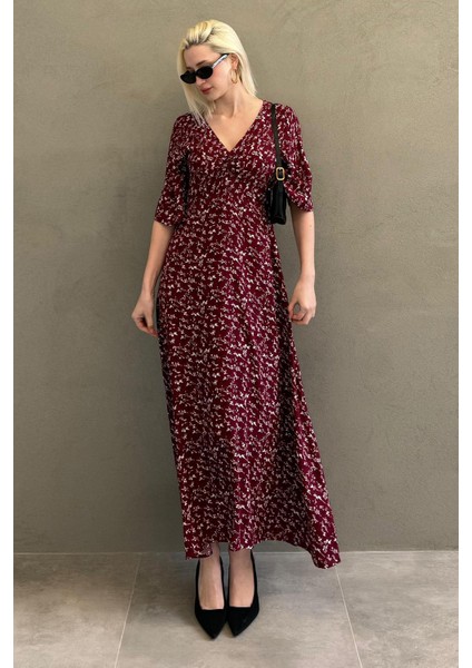 Bordo Çiçek Desenli Yarım Kollu Elbise MG2390