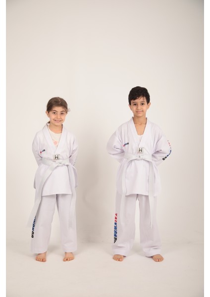 Tekvando Acemi Elbisesi Fitilli Dobok Beyaz Yaka