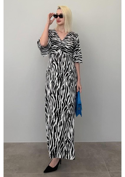 Siyah Zebra Desenli V Yaka Yarım Kollu Elbise MG2394 modelleri