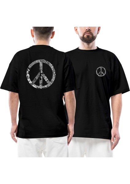 Music Love Peace Ön Arka Baskılı Siyah Oversize Tişört