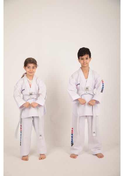 Tekvando Acemi Elbisesi Fitilli Dobok Beyaz Yaka