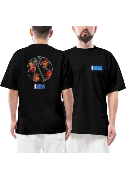 Nba Galaxy Ön Arka Baskılı Siyah Oversize Tişört