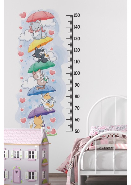 Sevimli Kedilerle Süslü Boy Cetveli Sticker, Çocuk Bebek Odası Boy Ölçer Sticker