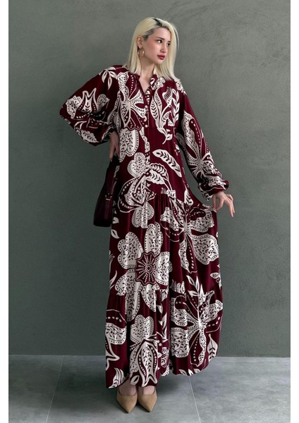 Bordo Desenli Düğmeli Uzun Kollu Elbise MG2397