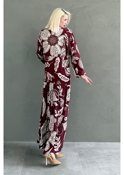 Bordo Desenli Düğmeli Uzun Kollu Elbise MG2397 modelleri
