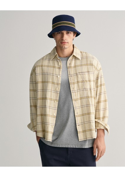 Erkek Bej Oversize Fit Klasik Yaka Kareli Gömlek 3240055.239