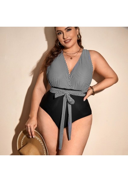 Tek Parça Mayo Siyah Çizgili Artı Boyutlu Mayo Bikini (Yurt Dışından)