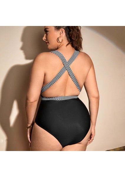 Tek Parça Mayo Siyah Çizgili Artı Boyutlu Mayo Bikini (Yurt Dışından)