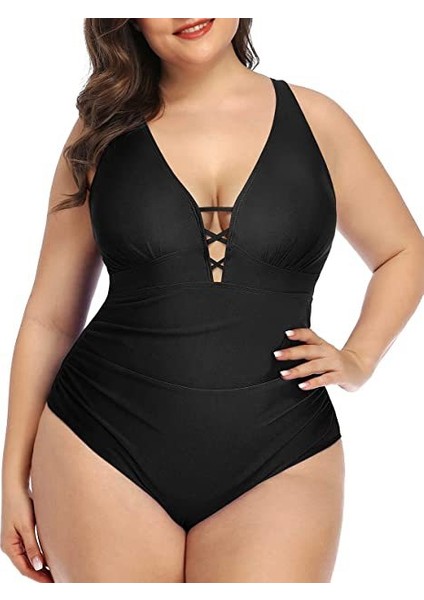 Plus Size Tek Parçalı Mayo V Yaka Mayo (Yurt Dışından)