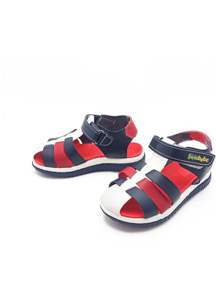 Şirin Genç Ortopedik Taban Lacivert-Beyaz Renk Bantlı Tokalı Erkek Çocuk Sandalet