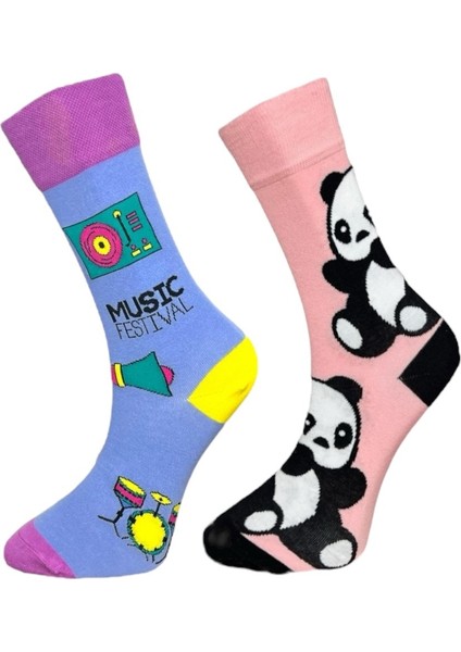 2'li Unısex Müzik Festivali ve Panda Tasarımlı Esnek Nem Alabilen Pamuklu Soket Çoraplar